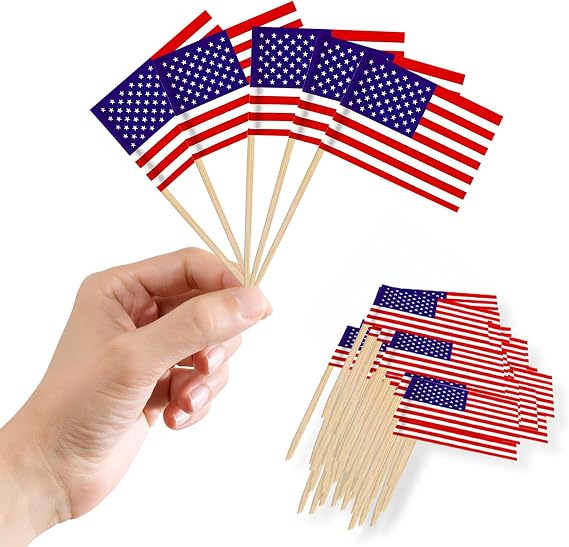 Small US American Toothpick Flags Little Cake Toppers,100pcs USA Flag Mini America Flags On Cocktail Sticks for 4th July Independence Day Cakes Sandwich Food Cupcake Toppers World Cup Pub Royal Event