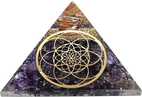 Large Orgone Pyramid | Amethyst Pyramid Crystal | Sacred Flower of Life Orgonite Pyramid | Organ Pyramids Positive Energy Healing
