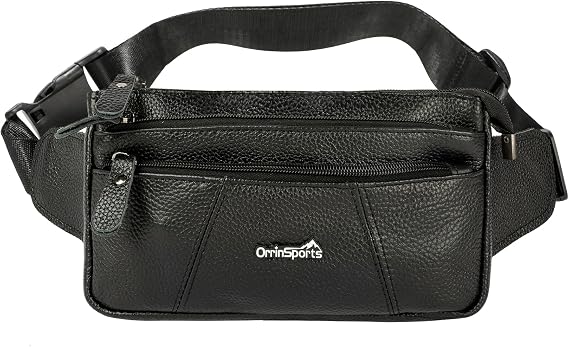 Black Leather Fanny Pack for Men Women Genuine Leather Waist Bag Crossbody Belt Bag with Adjustable Strap for Walking Hiking Cycling, 808#-black