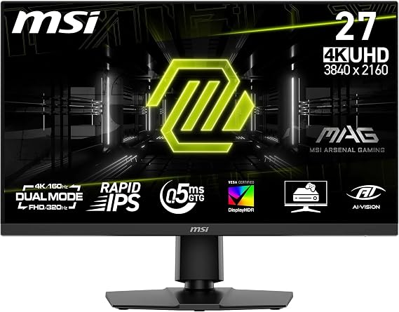 MSI MAG 272URDF E16 Gaming Monitor 27 Inch UHD - Rapid IPS Panel 3840 x 2160 0.5 ms DisplayHDR 400 AI Vision Dual Mode HDMI 2.1 DP 1.4a Adjustable Tilt and Height Black
