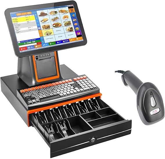Professional Cash Till Machine Hardware for Shop Cafe, 15.6 Inch Touchscreen POS System Without Software, i5 CPU, Printer and Cashbox Bundle, Black(Black,80 tooth gear printer)