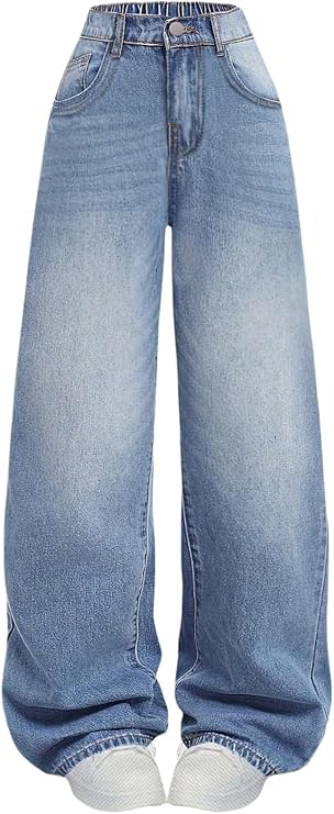 女の子用ジーンズ だぶだぶ ワイドレッグ リップド 高弾性ウエストデニムパンツ Y2k ボーイフレンド スケーター ストリートウェア キュート ズボン 7-14歳