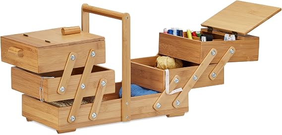 Relaxdays Large Sewing Box with Compartments, Bamboo, Beige, 30 x 44 x 22
