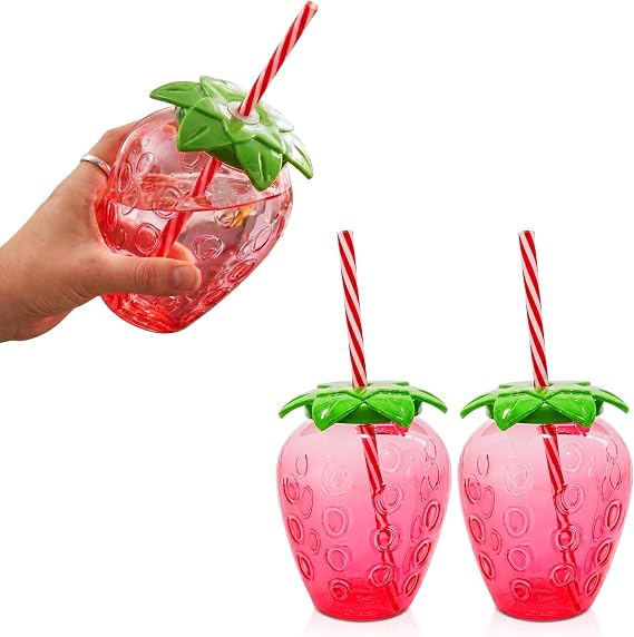 Lizzy 2 Pack Strawberry Cup with Straw 500ml Reusable Plastic Fruit Tumbler with Removable Striped Straw Fun Drinking Cup for Parties BBQ Picnics Summer Outdoor Juice Water Cups
