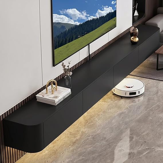 Wall Mounted TV Stand, Black Floating Entertainment Storage Cabinet with Doors for Media Console in Living Room and Office (Black, 180cm/70.8in)