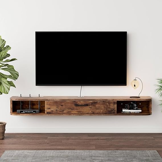 Pmnianhua Floating TV Unit, Wall Mounted TV Cabinet, Floating Shelves with Door, Modern Entertainment Media Console Center Large Storage TV Bench for Living Room & Office (140cm, Rustic Brown)