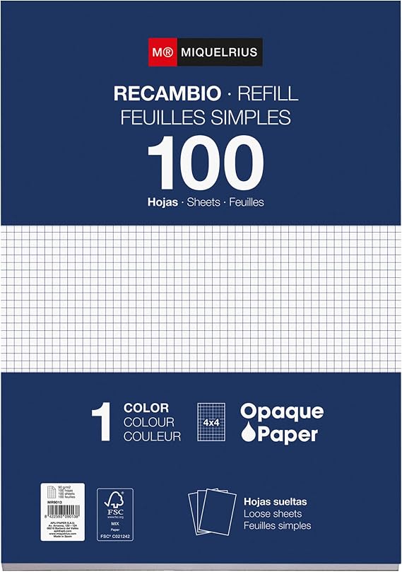 Miquelrius - Refill pad, 100 squared sheets 4 x 4 mm without margin or drilling, Opaque paper 90 g/m², refill A4 sheets for ring binder, school supplies for back to school