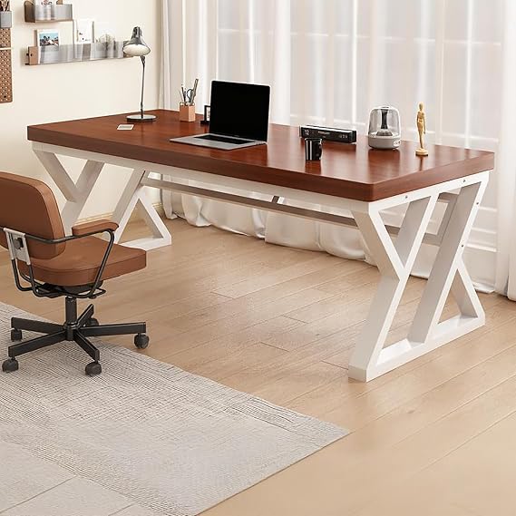 Modern Industrial Simple Solid Wood Desk, Multi-Size Computer Desk with Metal Legs, Gaming Desk Workstation for Home Office Study Bedroom Living Room(140X60CM, White frame C)