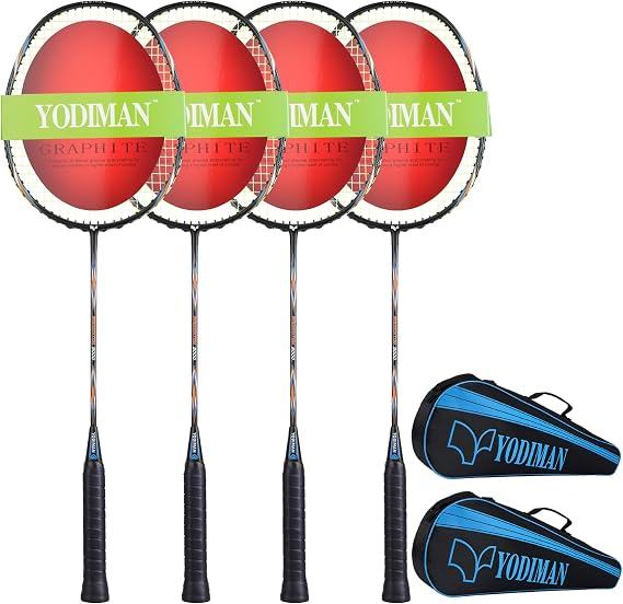 4-Pack Graphite Badminton Rackets - Ultra-Lightweight with High Elasticity & Shock Absorption, Pre-Wrapped Grip, Includes 2 Large Badminton Bags