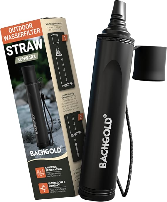Bachgold Straw Water Filter Straw for Survival & Camping, Ultralight, Black
