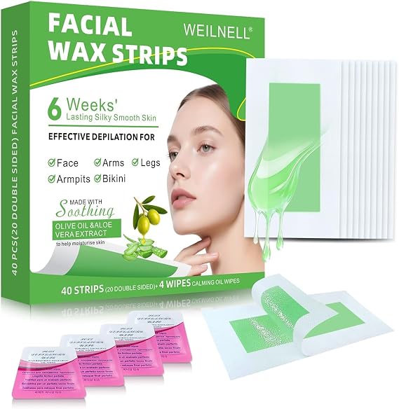 Facial Wax Strips for Women, 98% Natural Formula, Hypoallergenic for All Skin Types, Gentle & Quick Face Wax Strips Hair Removal for Eyebrow, Upper Lip, Chin, Legs & Bikini Line, 40 Count +4 Oil Wipes