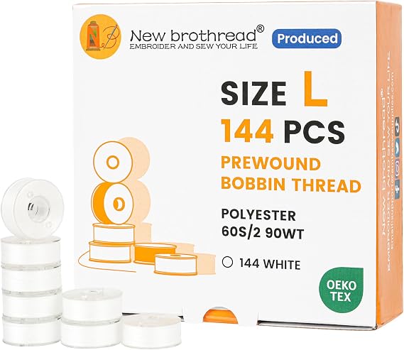 New brothread 144pcs Type L Size (SA155) White Prewound Bobbin Thread Plastic Side for Particular Embroidery and Sewing Machines - 90wt
