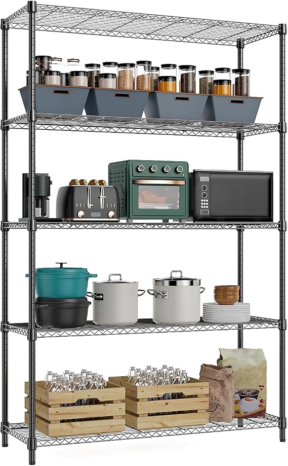M MZG Height Adjustable Shelves,Heavy Duty Wire Pantry Shelving for Tool Sheds, Garage, and Storehouse,Metal,Black,5 tier,Black 40 x 115 x 178.7 cm