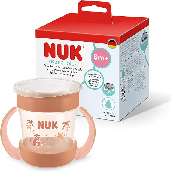NUK Mini Magic Cup Sippy Cup | 6+ Months | 160ml | 360° Anti-Spill Rim | Toddler Bottle with Anti-Slip Handles | Red Monkey | 1 Count