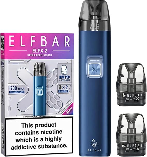 Elf Bar ELFX 2 Kit [Ocean Blue] - Available in 8 colours - 1700mAh Battery, 30W Output, Fast Charging, Inhale and Button Activated, Adjustable Airflow, Compatible with ELFX Pods - Nicotine Free