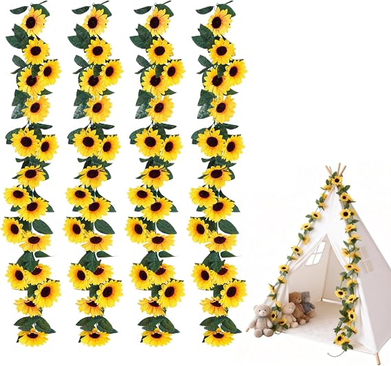 4 Pcs Artificial Sunflower Garland, Outdoor Garland Decoration, Silk Sunflower Vine Faux Flower Hanging with Green Leaves for Home Garden Wedding Fence