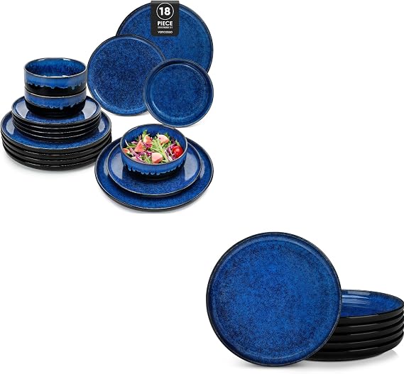 vancasso Starry Dinner Set for 6, 24-Piece with 6 Extra 10.25" Dinner Plates, Blue Reactive Glaze Plates and Bowls, Dishwasher & Microwave Safe