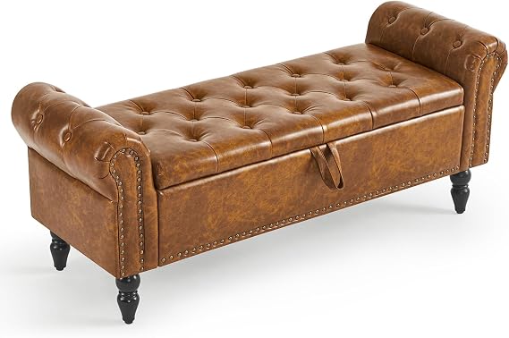 Storage Ottoman Bench, Leather Benches End of Bed Bench with Solid Wood Legs Upholstered Ottoman Bench with Storage Indoor Bench for Living Room with Rolled Arm, Entryway, Brown, 132CM