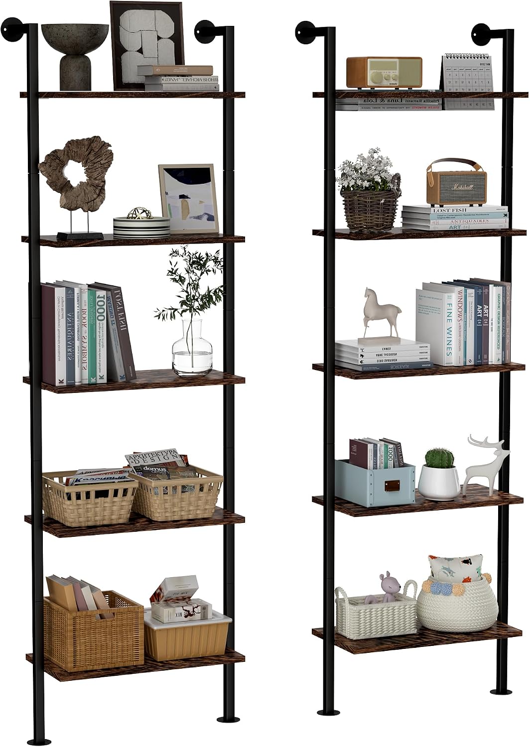 5-Tier Bookshelf Solid Wood Ladder Shelf, Narrow Book Shelf Set of 2, Wooden Ladder Shelf Bookcase, Wall Mount Ladder Shelf, Storage Rack for Living Room, Bedroom, Industrial Style, Dark Brown