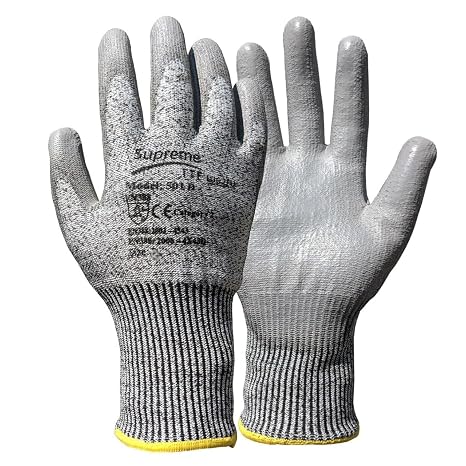 12 Pairs Cut Protect Level 5/D Work Gloves HPPE Yarn knitted Liner PU Coated Palm Light-Weight Comfort Assembling DYI (XL (Size 10))