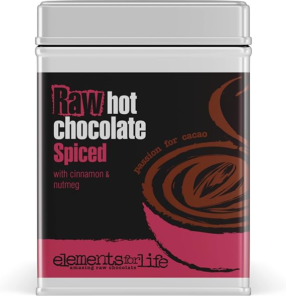 Premium Vegan Raw Spiced Hot Chocolate Cocoa Powder | With Warming Winter Spices | Raw Cacao, Cinnamon, Nutmeg & Coconut Blossom Sugar | Dairy Free, Soya free and Gluten Free | 1 x 175g Tin Can