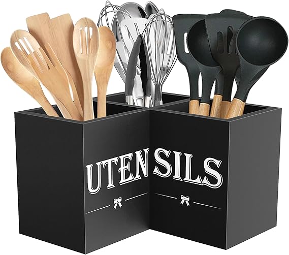 Suli Extra Large Corner Kitchen Utensils Holder, 3 Compartments, Black