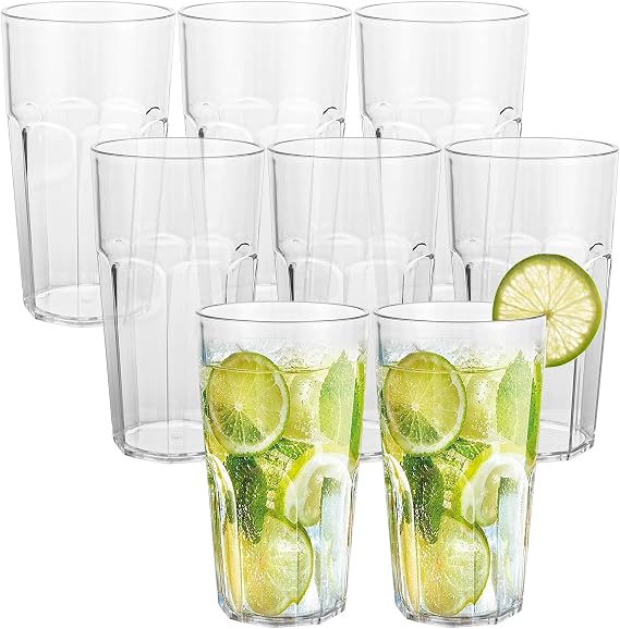8PCS Stackable Plastic Tumbler Cups, 500ML Drinking Glasses Water Glasses, Clear Plastic Cups, Reusable Acrylic Tumblers, Unbreakable Glasses for Party