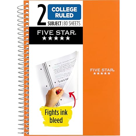 Five Star Spiral Defter, 2 Konu, Kolej Kareli, 9 1/2" x 6" 80 Yaprak, Sedona Turuncu (840029CD1-ECM)