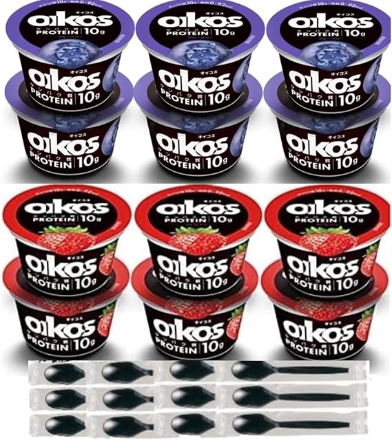 Refrigerated Danon Yogurt, Oicos, 2 Types, Set of 6 Each, 4.1 oz 113 g, 12 Pieces Blueberry, Strawberry, Disposable Spoon Included