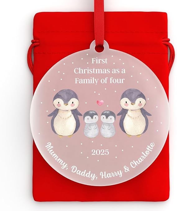 Beecreative Personalised First Christmas As A Family Of 4 Bauble, Family Of Four Xmas Decoration, Baby's First Christmas, New Baby Tree Decoration, With Red Bag
