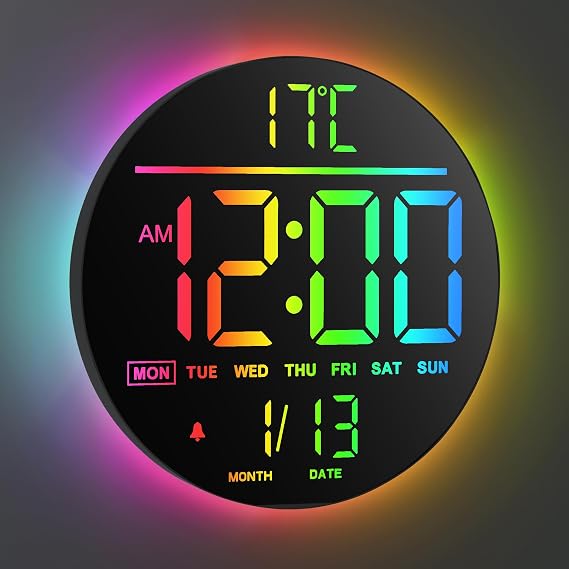 Maxstar 10" Large Digital Wall Clock with Remote Control,8 RGB Colors Big Modern LED Screen Display, Auto-Brightness, DST,Temperature,Alarm Wall Clock for Living Room, Bedroom, Kitchen Decor-Black