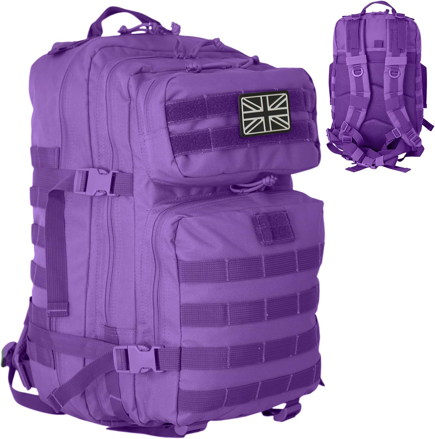 Military Tactical Backpack 21L – Heavy Duty Multi-Pocket MOLLE Rucksack with 180° Opening, Padded Breathable Back Panel, Adjustable Straps & Durable Zip Storage for Travel, Gym & Outdoor Use – Purple