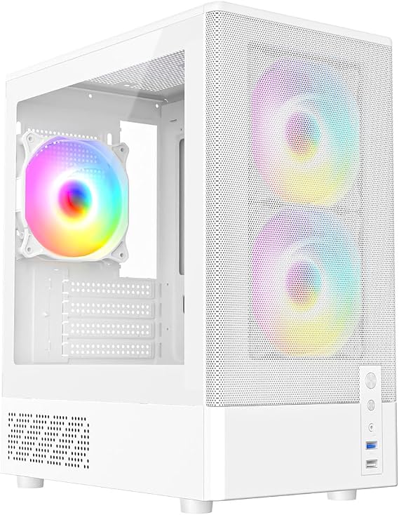 CiT F3 Gaming PC Case – Micro-ATX Computer Case with Mesh Front & Tempered Glass Side Panels - 3 x 120mm ARGB Fans Included - AIO Support - USB 3.0, USB 2.0 - HD Audio/Mic | White