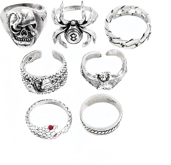 Gothic Silver Ring Set, 6 Pieces, Spider Skull Snake Design, Vintage Punk Style Statement Rings