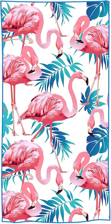 Microfiber Beach Towel, Quick Dry Oversized Sand Free Light Weight Cute Bath Towel Travel Swimming Pool Yoga,71"x32", Flamingo Palm Leaves