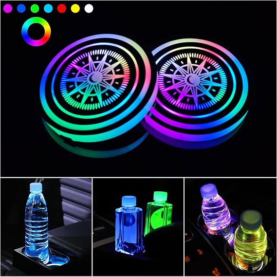 Led Cup Holder Lights for Car,2 PCS 7 Colors Changing Led Car Coasters,USB Charging Car Atmosphere Lamp,Cup Holder Lights for Car Decoration