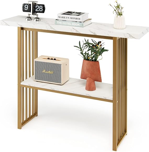 Multigot 2-Tier Console Table, Faux Marble Narrow Behind Couch Entryway Table, 120cm Long Metal Frame Accent Sofa Side Table Hall Desk for Hallway, Living Room, Bedroom (White+Gold)