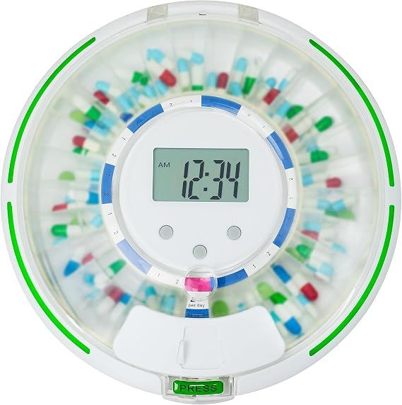 Automatic Pill Dispenser with Flashing Light, Sound, Alarm and Safety Lock, 28-Day Electronic Medication Organizer – Dispense Vitamins and Tablets Up 6 Times/Day – Easy Read Display, Frosted