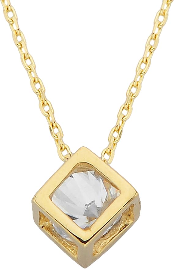 14K Real Solid Gold Cube Pendant Necklace Inside Moving Cubic Zirconia Stone | CZ Tiny Cute Charm Dainty Pendant for Women