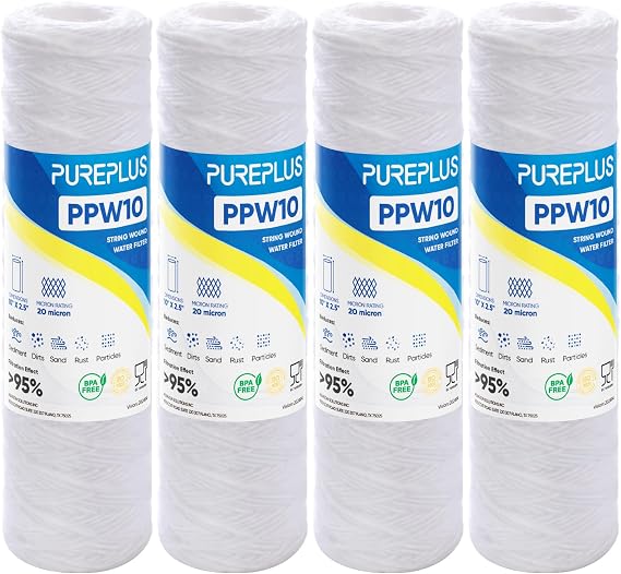 PUREPLUS 20 Micron 10"x2.5" Whole House String Wound Sediment Filter 4 Pack
