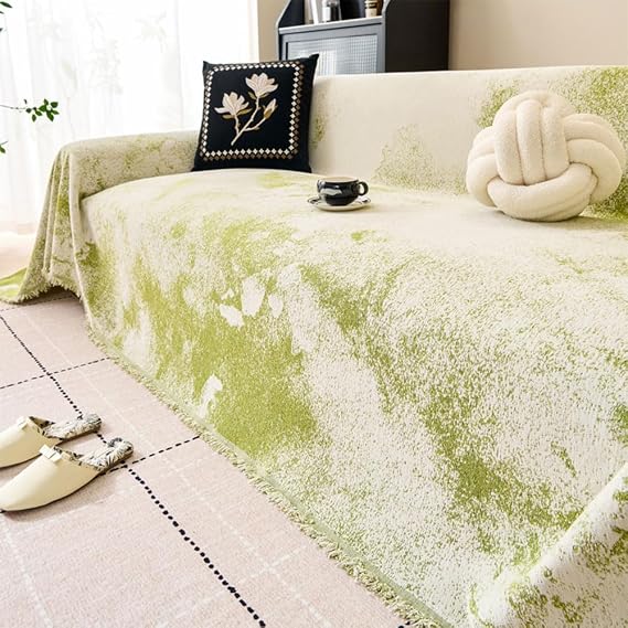 Highdi Chenille Sofa Throws Large, European Classical Ersatile Soft Throw Blanket with Tassels, Extra Large Throws for Settees Couch, Sofa, Bed, Armchair (Green,90x90cm)