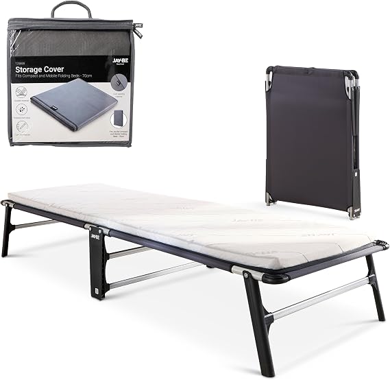 JAY-BE CE70 Compact Folding Bed with Mattress & Storage Cover, Single | Slim Fold Out Guest Bed, Anti-Tip Legs, Space Saving Design 10cm Width Folded
