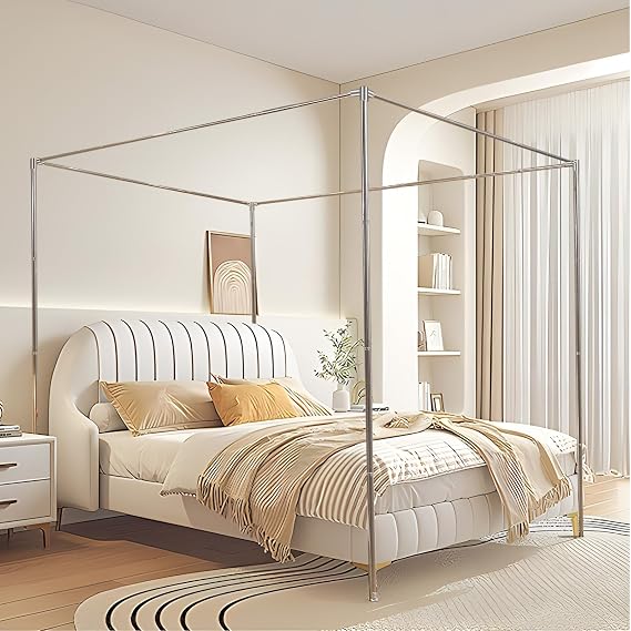 Stainless Steel Canopy Bed Frame Metal Frame with 4 Corners Design Sturdy Bed Canopy Frame for Wood Bed, King Size