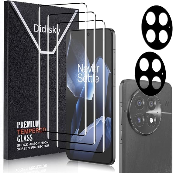 Didisky Oneplus 13用スクリーンプロテクター 13r、13t、13Pro用ではありません、3枚パックの強化ガラスフィルム、2パックのレンズプロテクター付き、傷防止、気泡ゼロ、取り付け簡単、3Dカーブフルカバー、硬度9H。