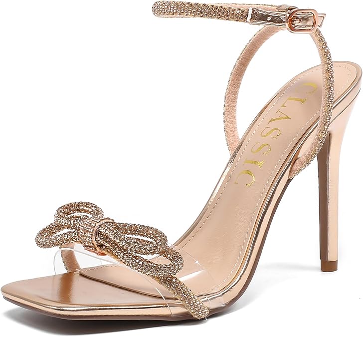 Women's Double Bowknots Heels Crystal Sandals, Silver Strappy High Heels for Women Open SquareToe Clear Heels Wedding Shoes Ankle Strap Crystal Rhinestonefor