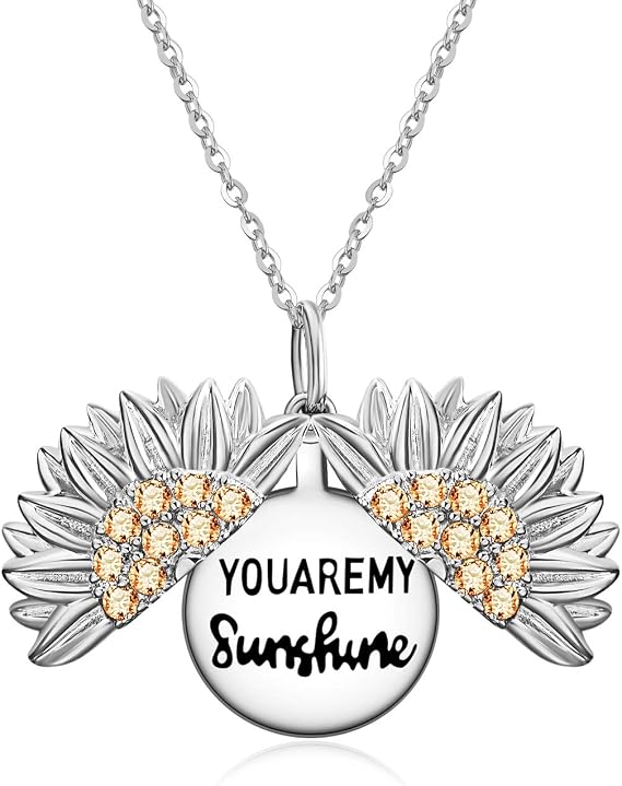You are My Sunshine Necklace Sterling Silver Sunflower Locket Pendant Necklace with Hidden Message Sunshine Jewellery Gifts for Women Girls