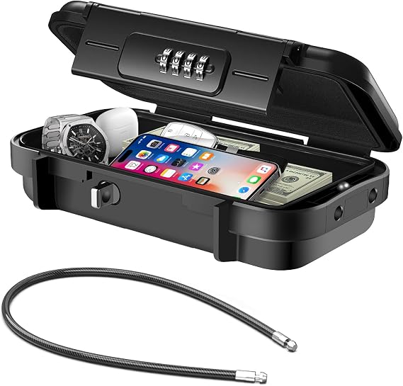 Portable Safe Box with Code, [Waterproof & Anti-Theft]Travel Safe, Combination Security Case Lock Box with Removable Wire Rope, for Beach, Cars, Office, Vacation (Black)