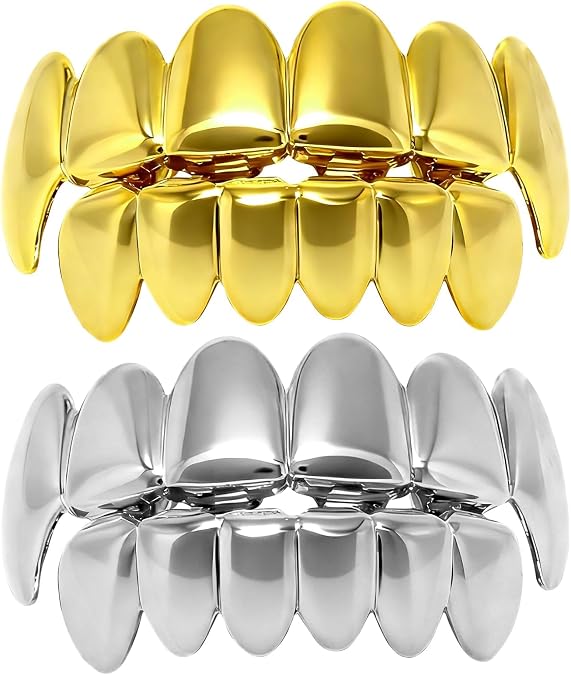 2Pairs Grillz, Grills for Teeth, Gold & Silver Grillz Top & Bottom Set, 18K Gold- Plated Grills, Parties, Proms, Hip-Hop Rapper Costume Accessory for Men and Women