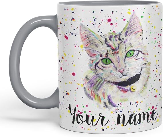 Vixar Personalised with Your Text Kitten Cat Feline Pet Animals Watercolour Art Coloured Ceramic Mug Cup Gift 330ml 11oz Custom Work Office Tea Coffee (Grey)