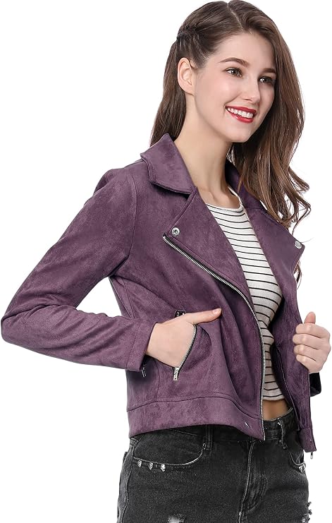 Allegra K Women's Short Soft Zip Up Faux Suede Biker Moto Jacket